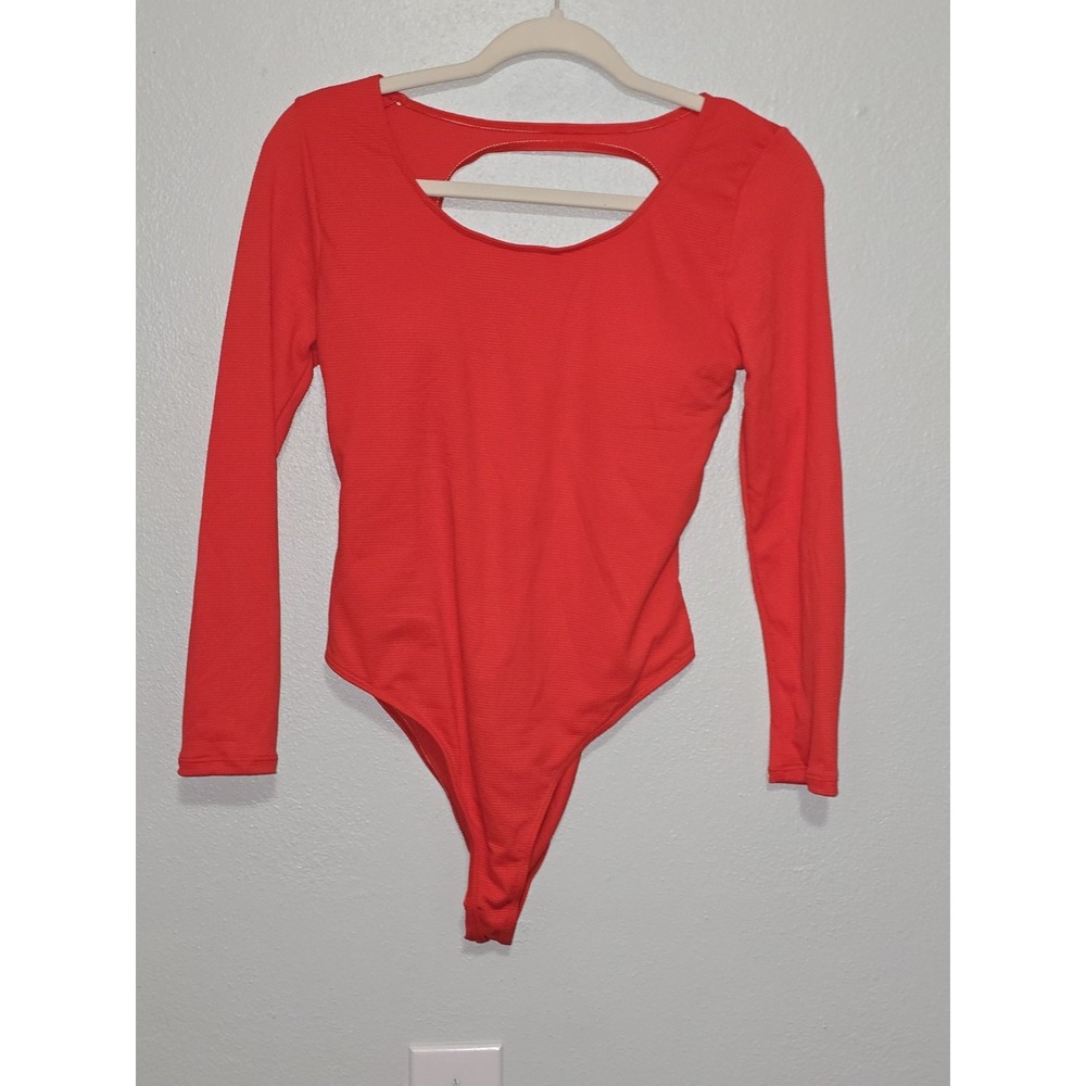 iSwaves Bodysuit Womens Size L Red Orange Long Sleeve Open Back Full Coverage